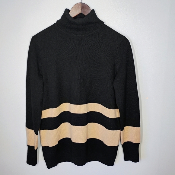 Pure Collection Cashmere Turtleneck Sweater Womens 4 Black Stripes Quiet Luxury - Picture 1 of 12